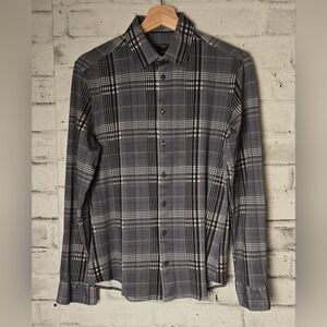 Hörst Men’s Plaid Dress Shirt M Gray Black 100% Cotton Modern Fit